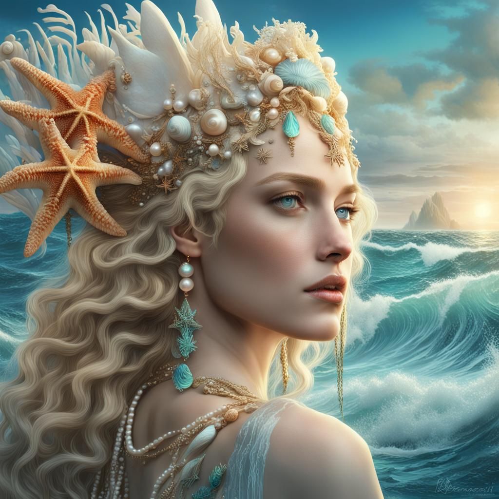 Aphrodite Portrait with Seashell Crown in High Fantasy Style