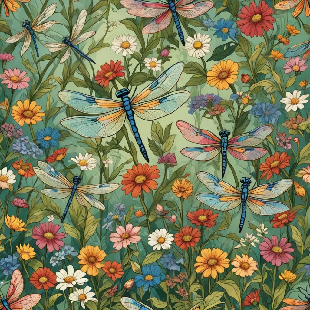 Whimsical Dragonflies in a Lush Garden Scene