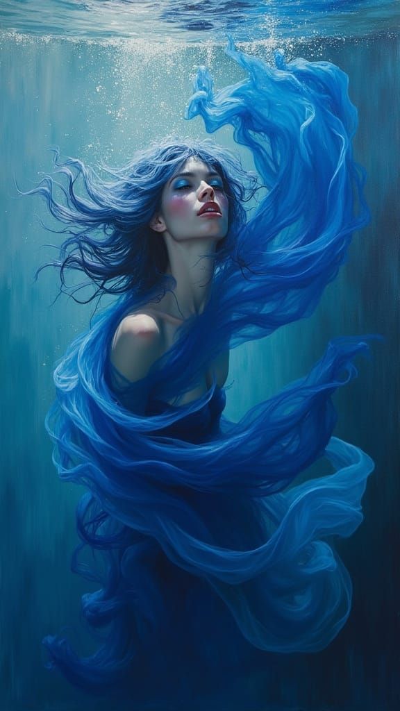 Ethereal Woman Underwater in Hyperrealistic Oil Painting