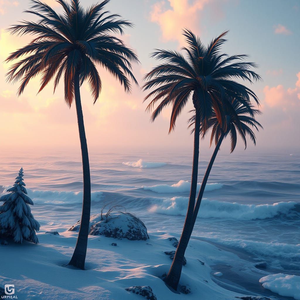 Fantastical Palm Trees in Snowy Ocean Scene