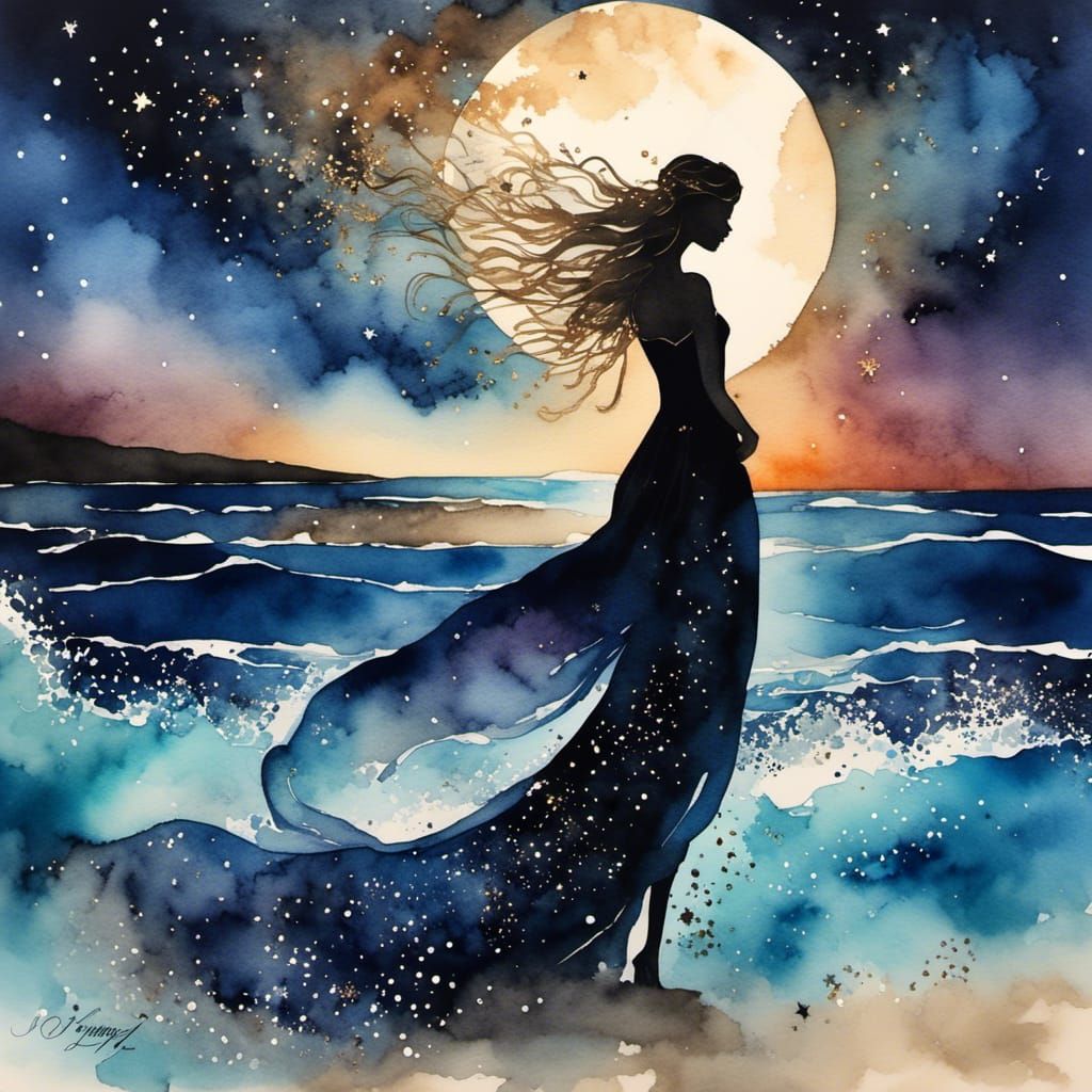 silhouette of a beautiful lady on a beach at night wearing a long flowing dress blowing in the wind : backlit by the by ...