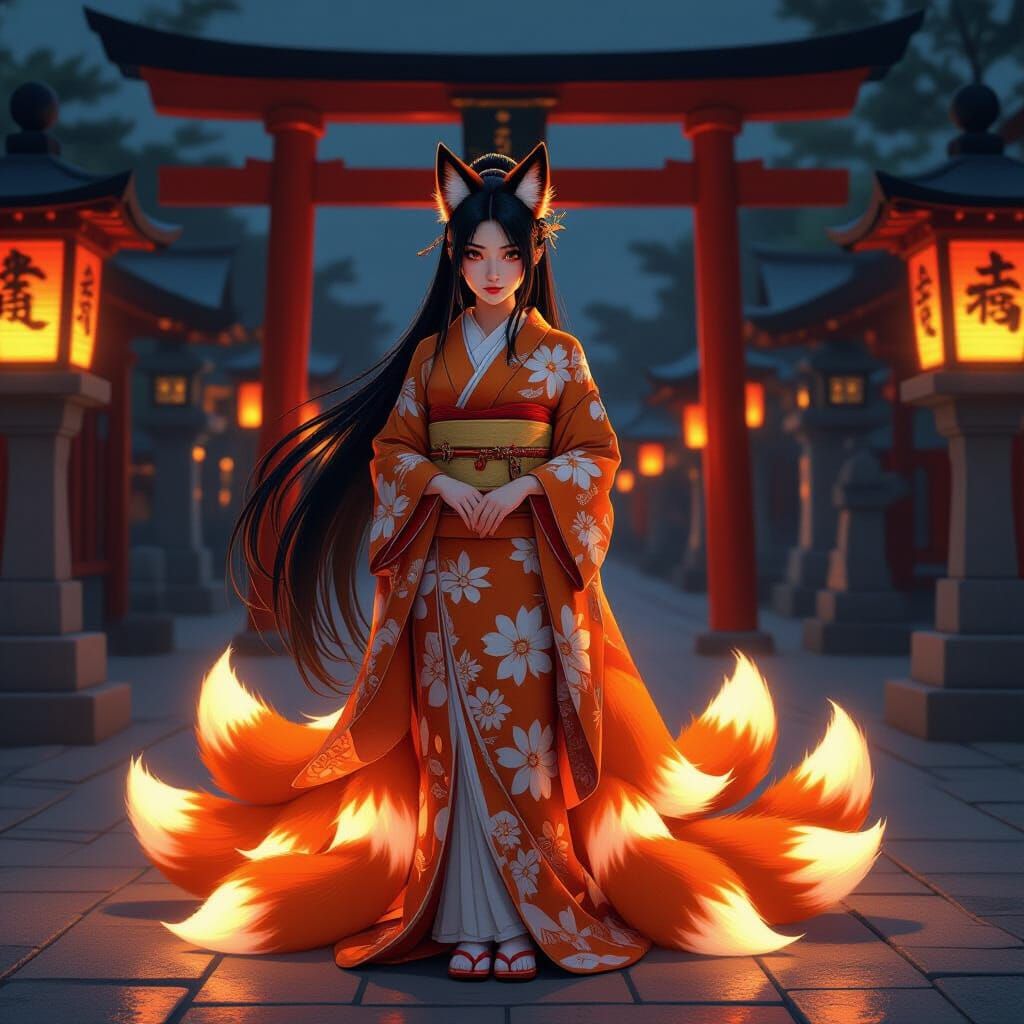 Kitsune Woman in Shinto Shrine Courtyard