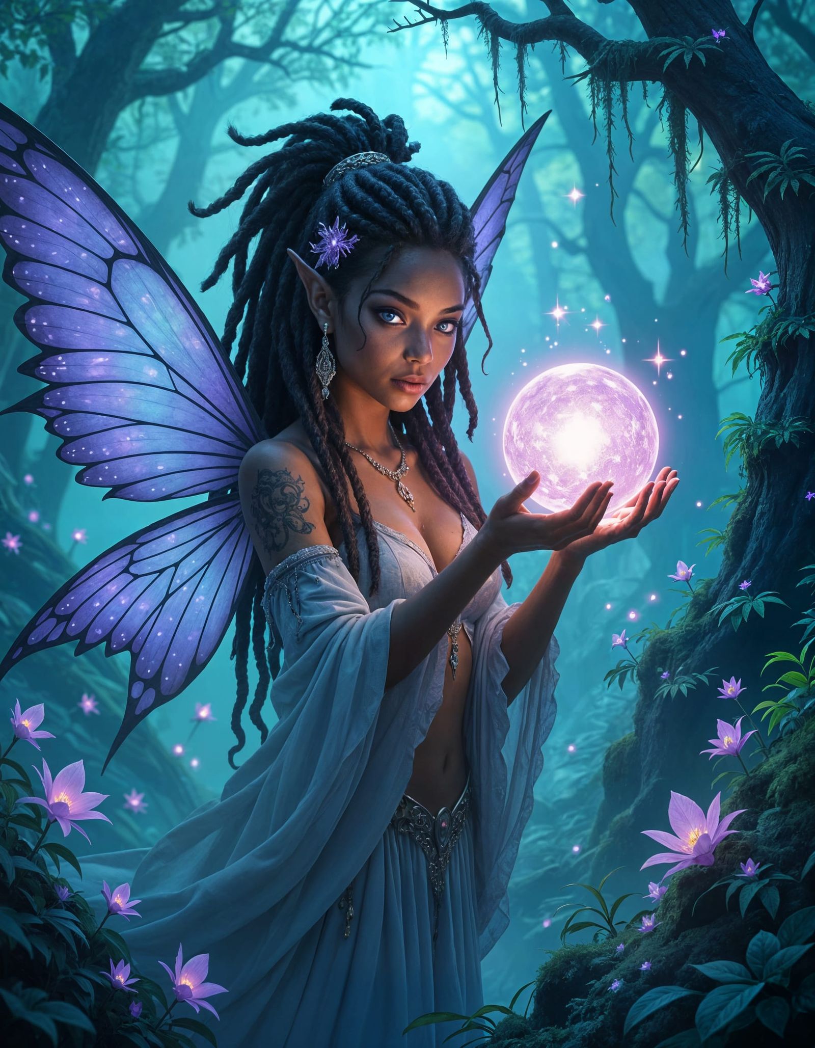 Fairy Woman with Glowing Orb in Surreal Forest