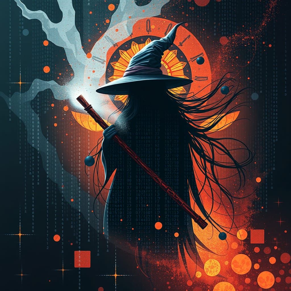 Binary Code Witch Dream in Sumi-e Style