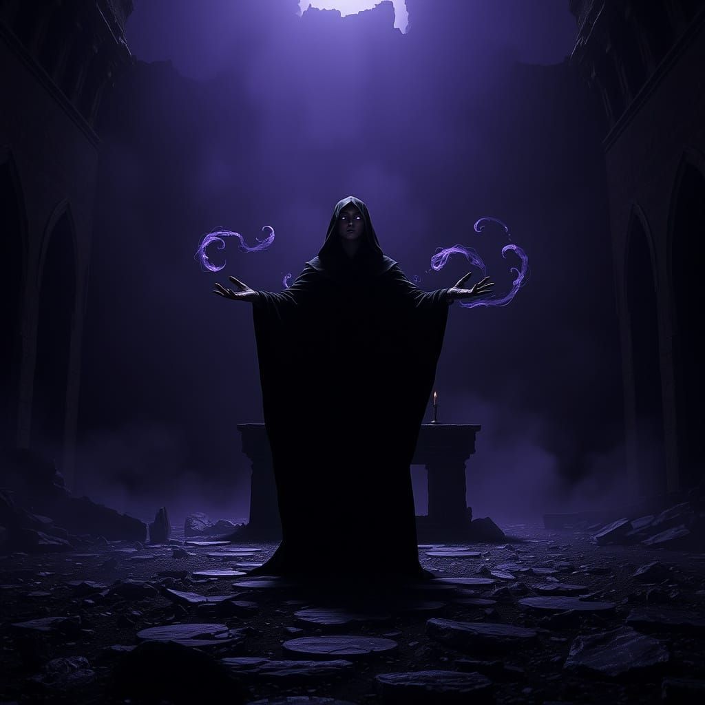 Witch at Obsidian Altar in Dark Fantasy Ruins