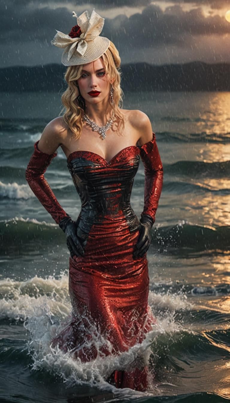 Glamorous Woman in Red Dress by the Sea