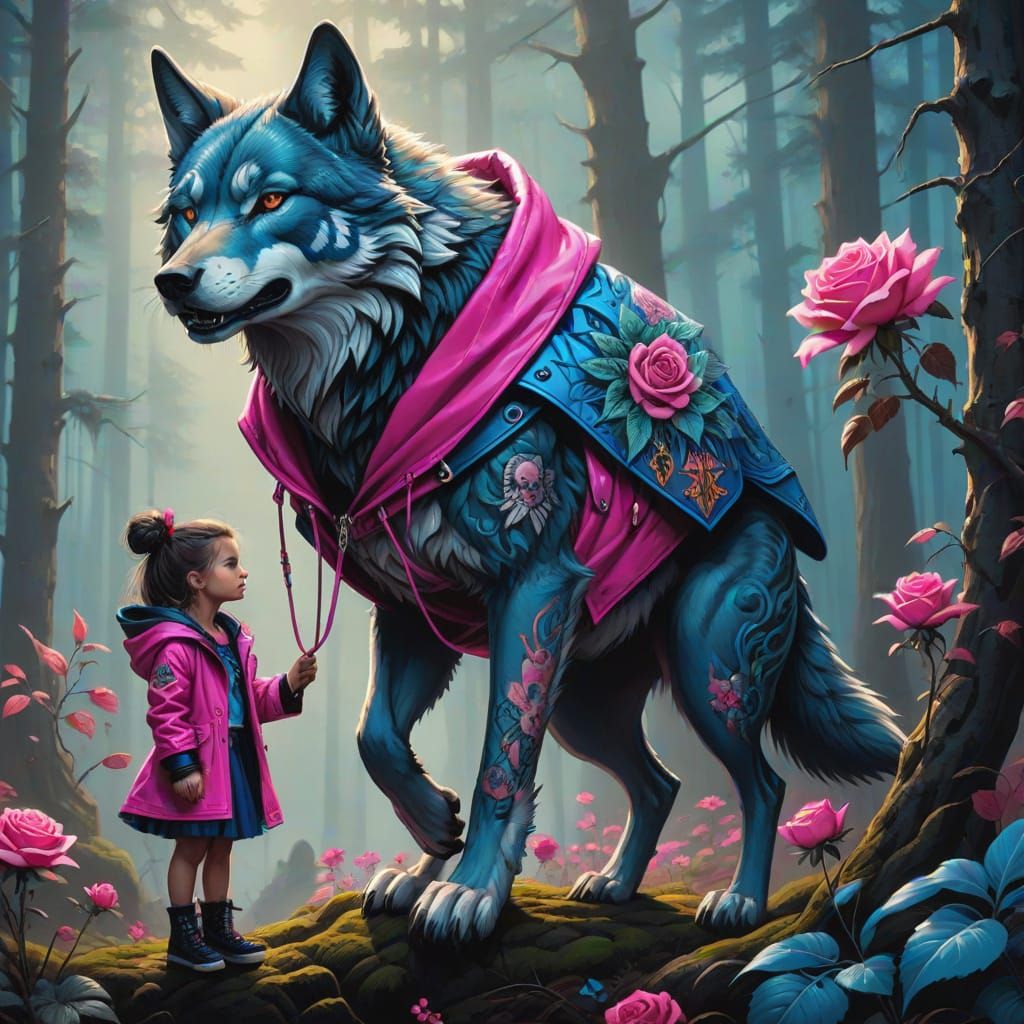 Wolf and Girl in Forest Tattoo Art