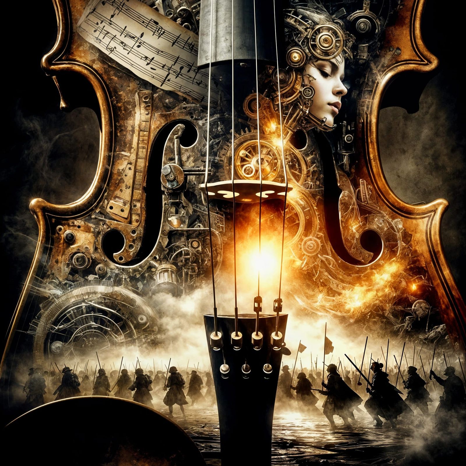 Steampunk Violinist in Double Exposure Watercolor Style