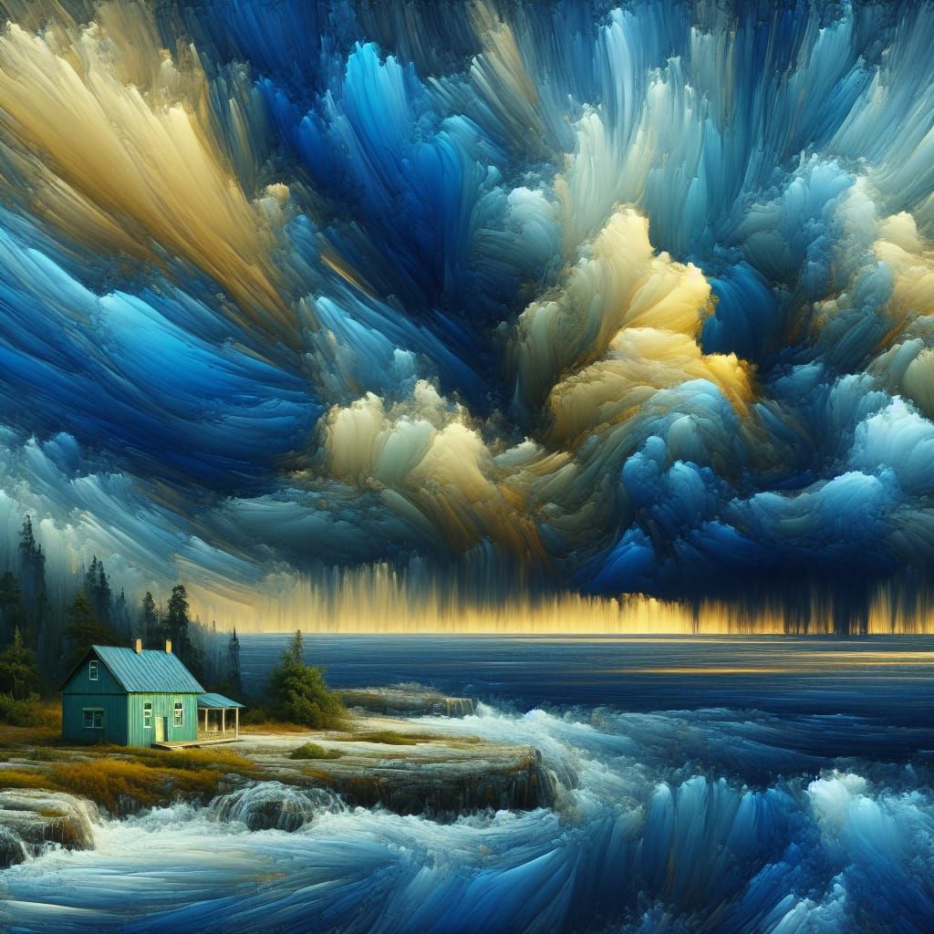 A thunder storm with ocean blue and gold color palette and a...