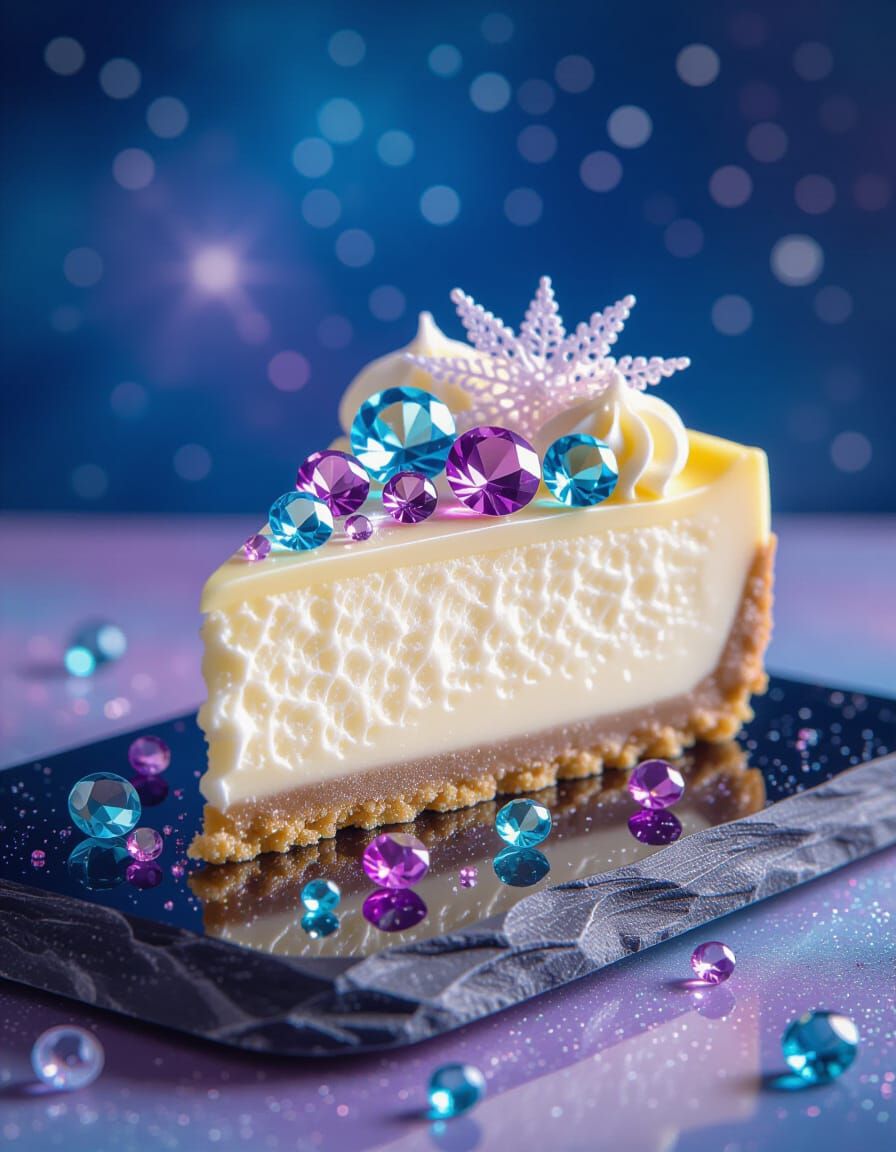 Decadent Cheesecake with Gemstones and Spun Sugar in Waterco...
