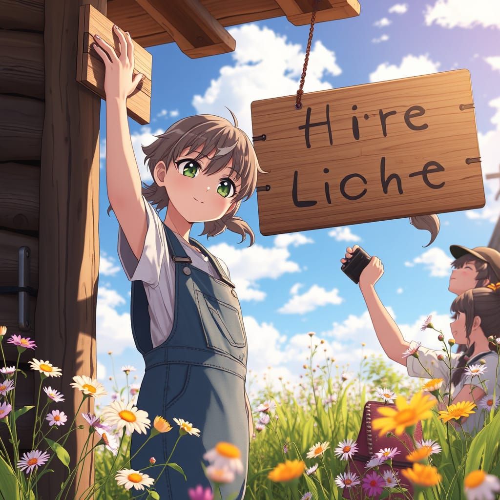 Woman Hanging Sign in Anime Style