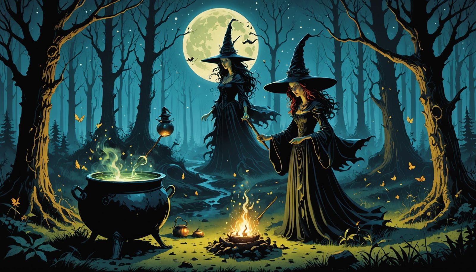 Whimsical Witch Brewing Potion in Moonlit Forest Clearing