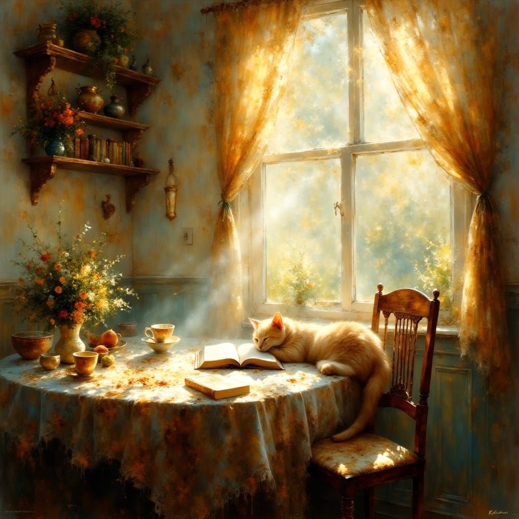 Serene Morning Kitchen with Sleeping Cat, Painterly Style