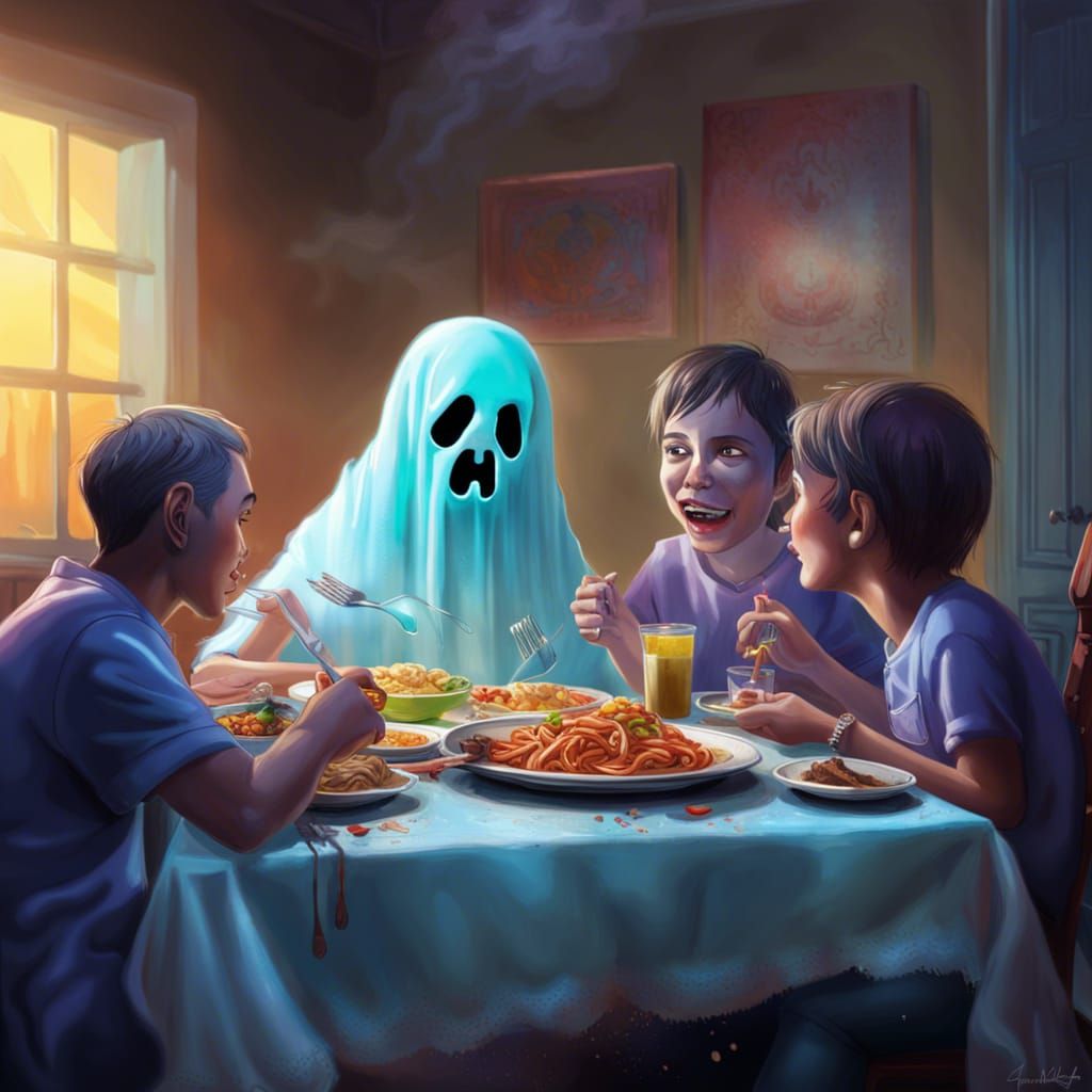 Hyperrealistic Ghost Family Dinner in Splash Art Style