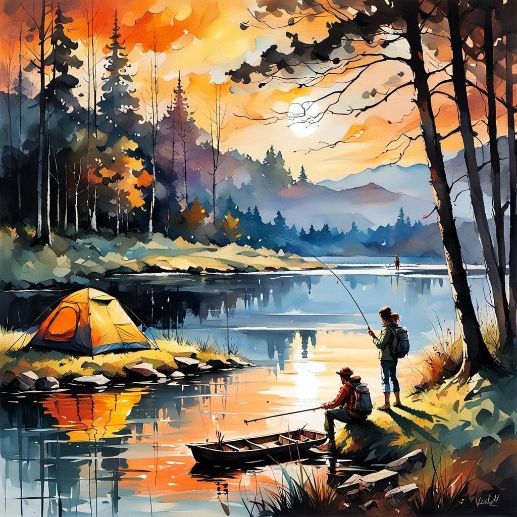 Father and Daughter Fishing at Sunset: Watercolor Impression