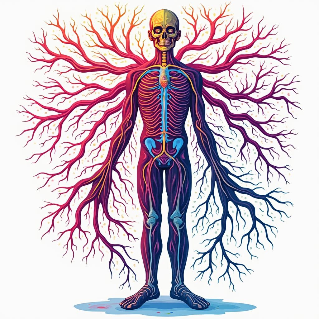 Surreal Medical Chart of Human Nervous System in Vibrant Col...