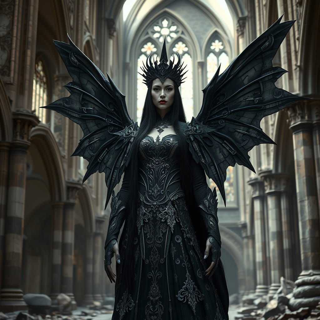 Dark Fantasy Queen in Gothic Cathedral Ruins