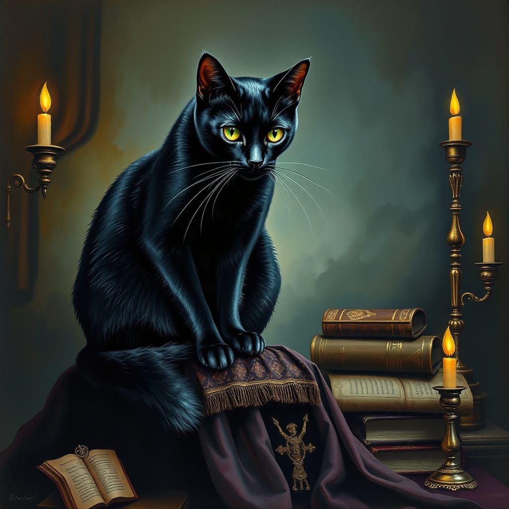 Sleek Black Cat in Mystical Habitat, in Realistic Wildlife A...