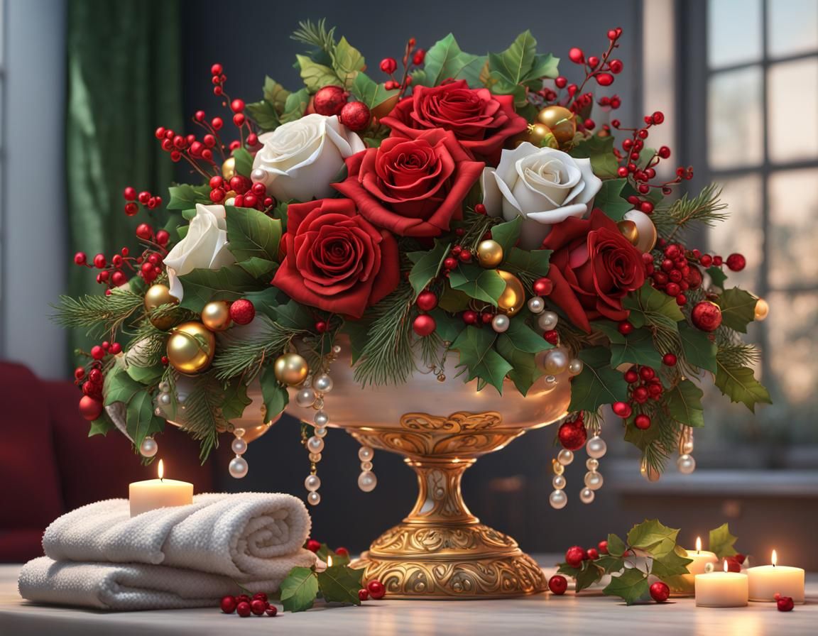 Luxury Christmas Floral Centerpiece in Hyperrealistic Style
