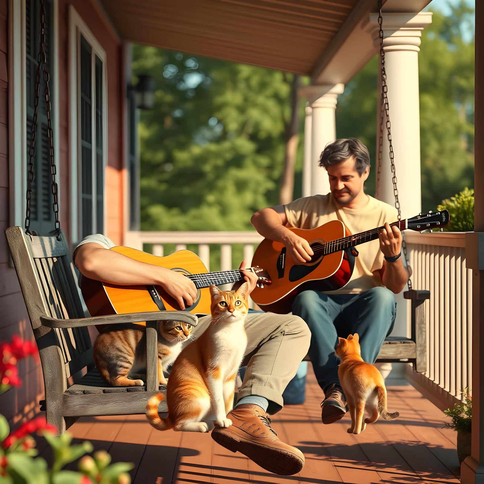 Man Serenades Cats on Porch in Hyperrealism
