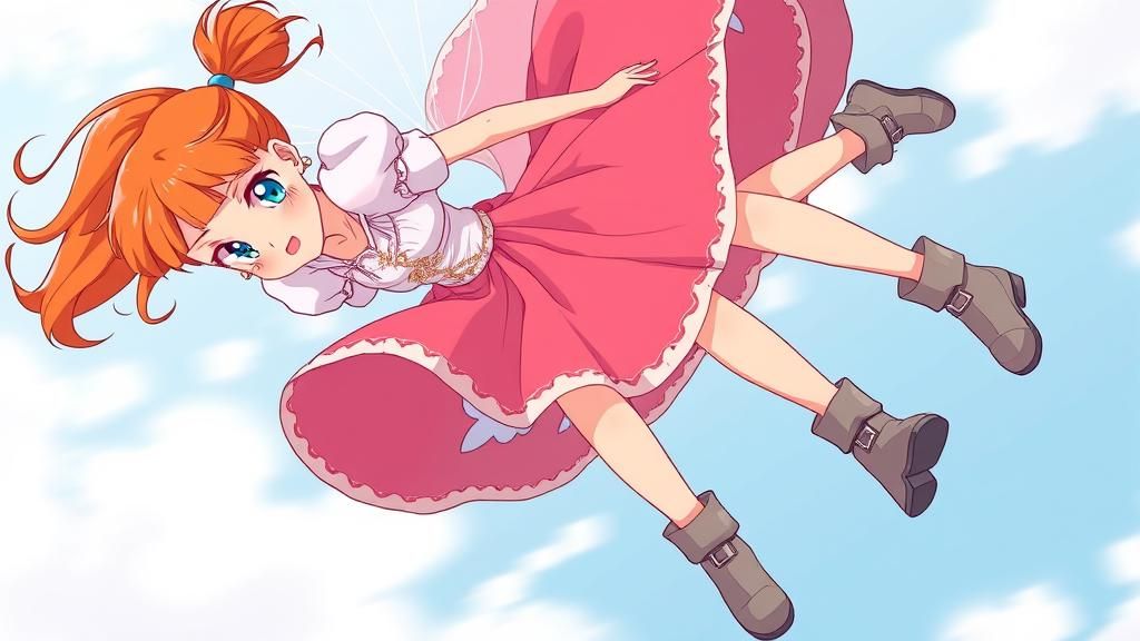 Girl Parachuting with Princess Dress in Anime Style