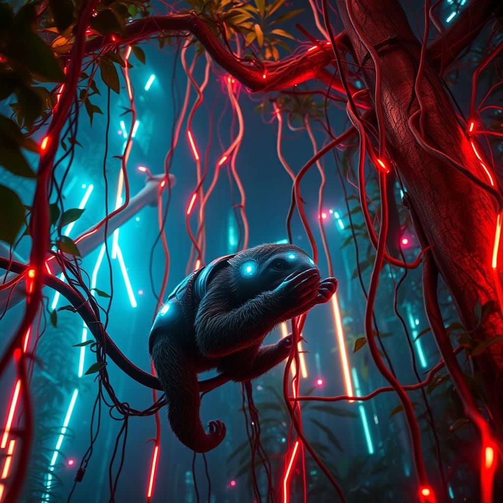 Cybernetic Sloth in Neon Jungle Canopy