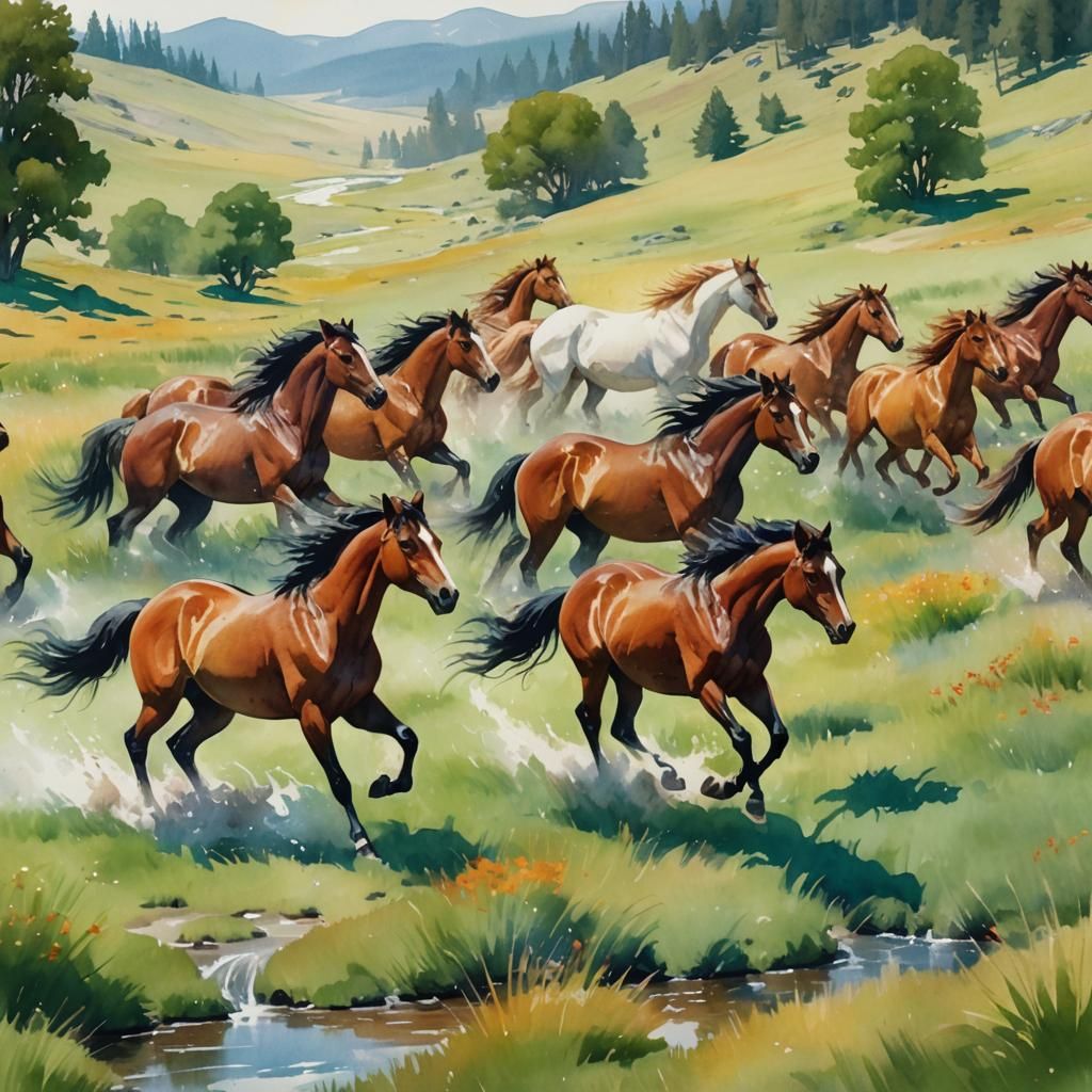 Wild Horses Run Free: A Watercolor Painting
