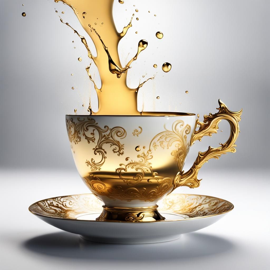 Gold and White Teacup Spilling Tea: Matte Painting