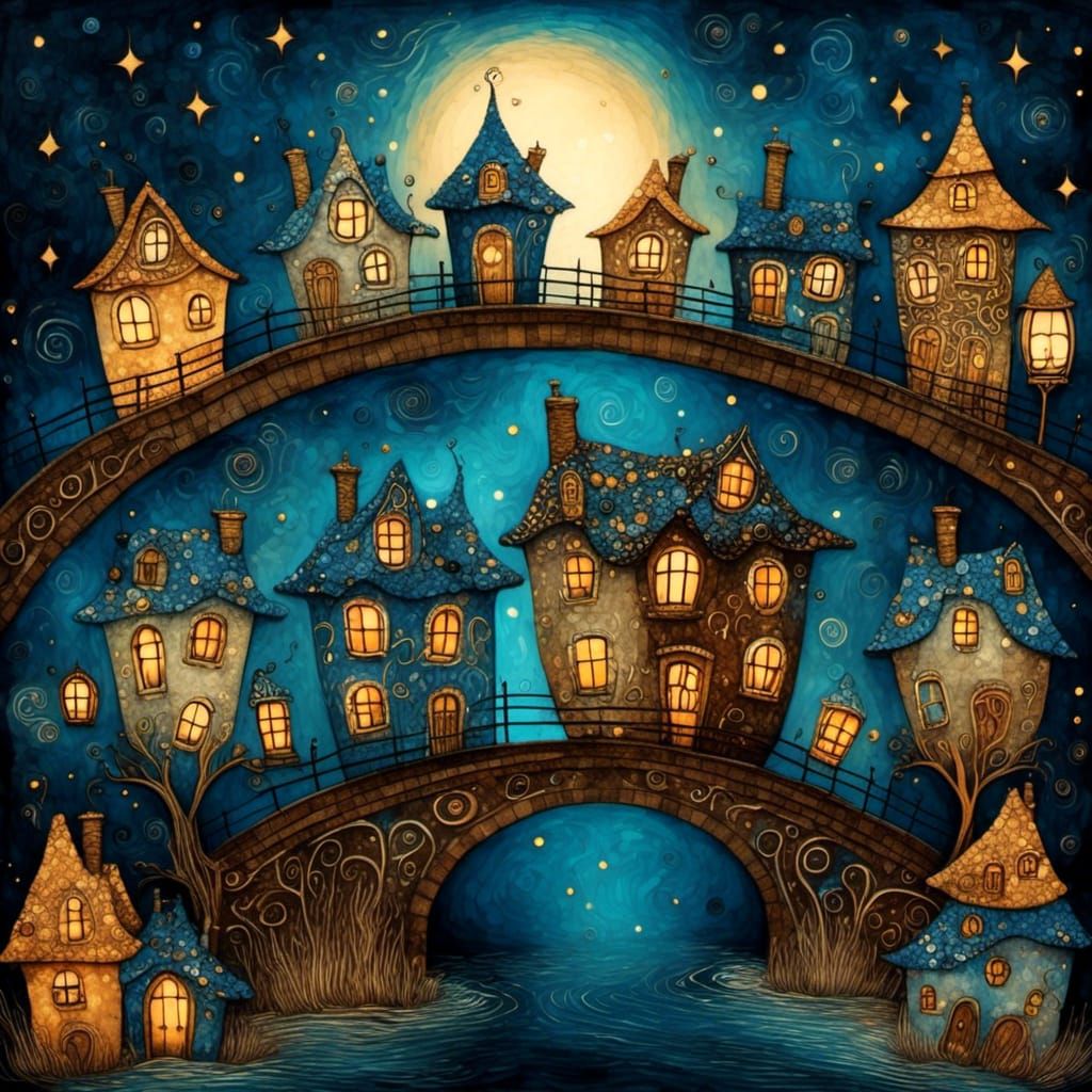 Wacky Houses on Bridge in Art Brut Style