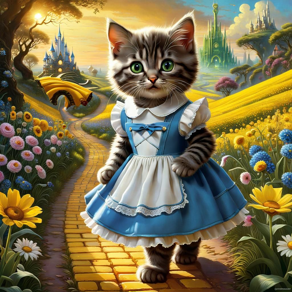 Dorothy Kitten on Yellow Brick Road in Oz
