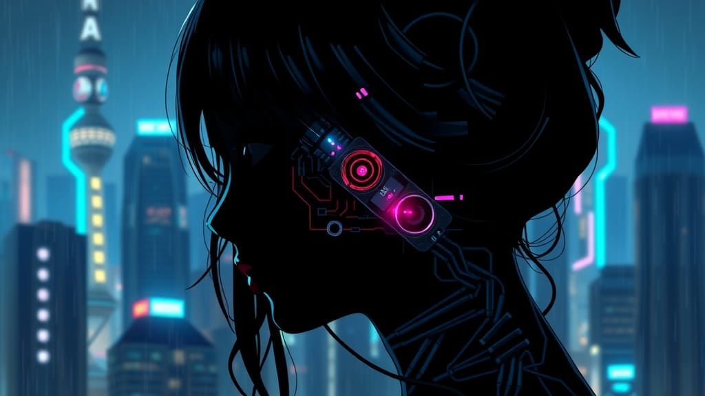 Cyberpunk Woman with Electronic Implants in Tokyo