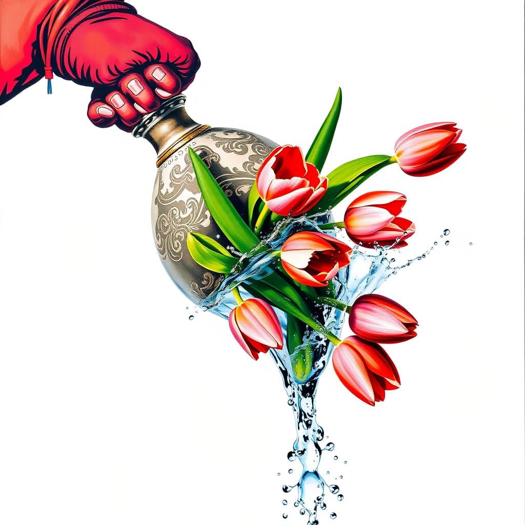 Vibrant Oil Painting of a Vase Defying Gravity