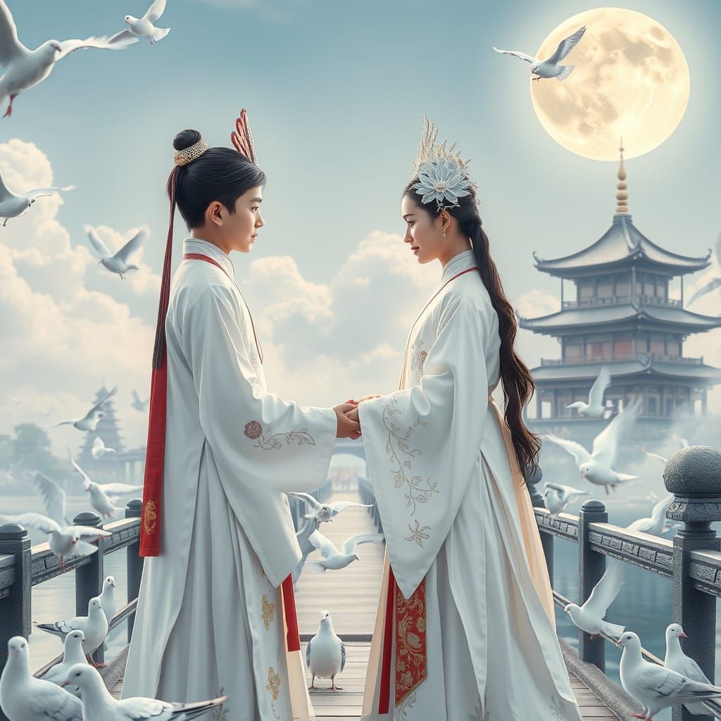 Romantic Moonlit Meeting on Pigeon Bridge, Chinese Art Style