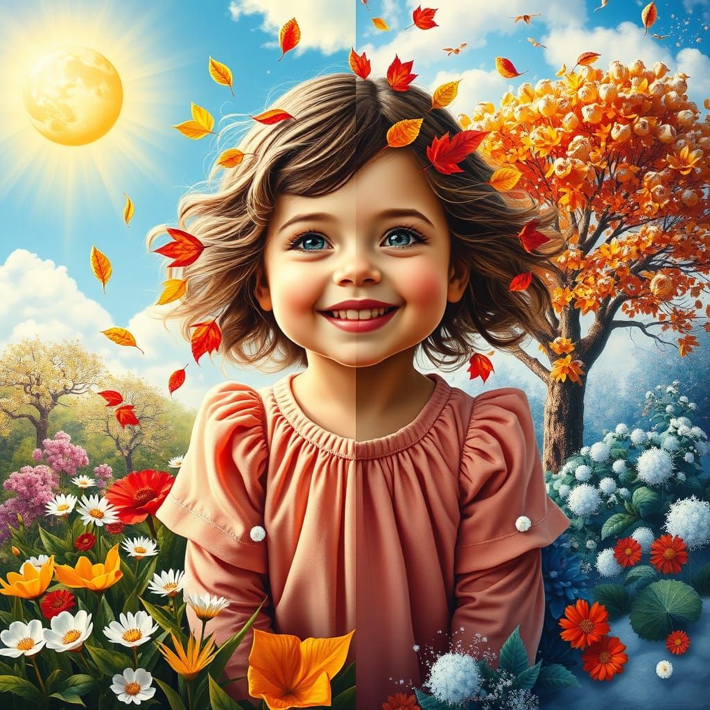Girl Experiencing Four Seasons Together in Surreal Landscape