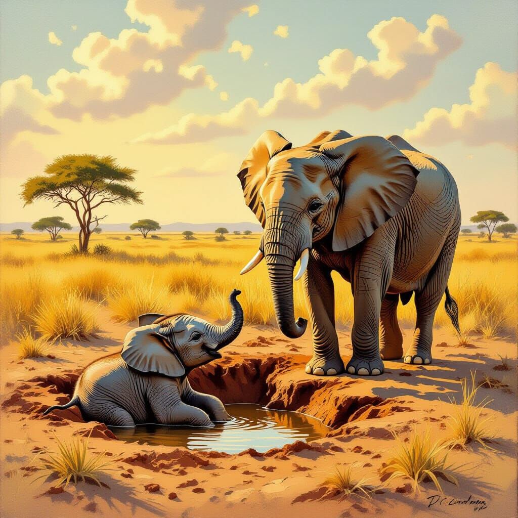 Baby Elephant Trapped in Savanna, Father Distressed