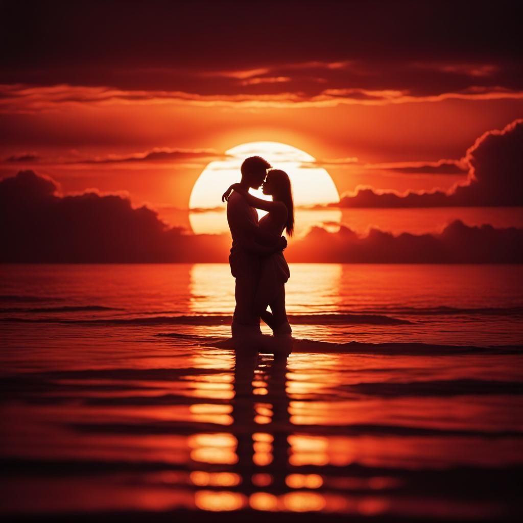 Passionate Sunset Embrace: Timeless Love in Silhouette