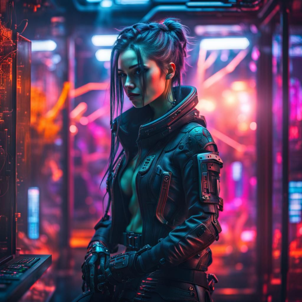 Cyberpunk Girl in Spacy Aquarium