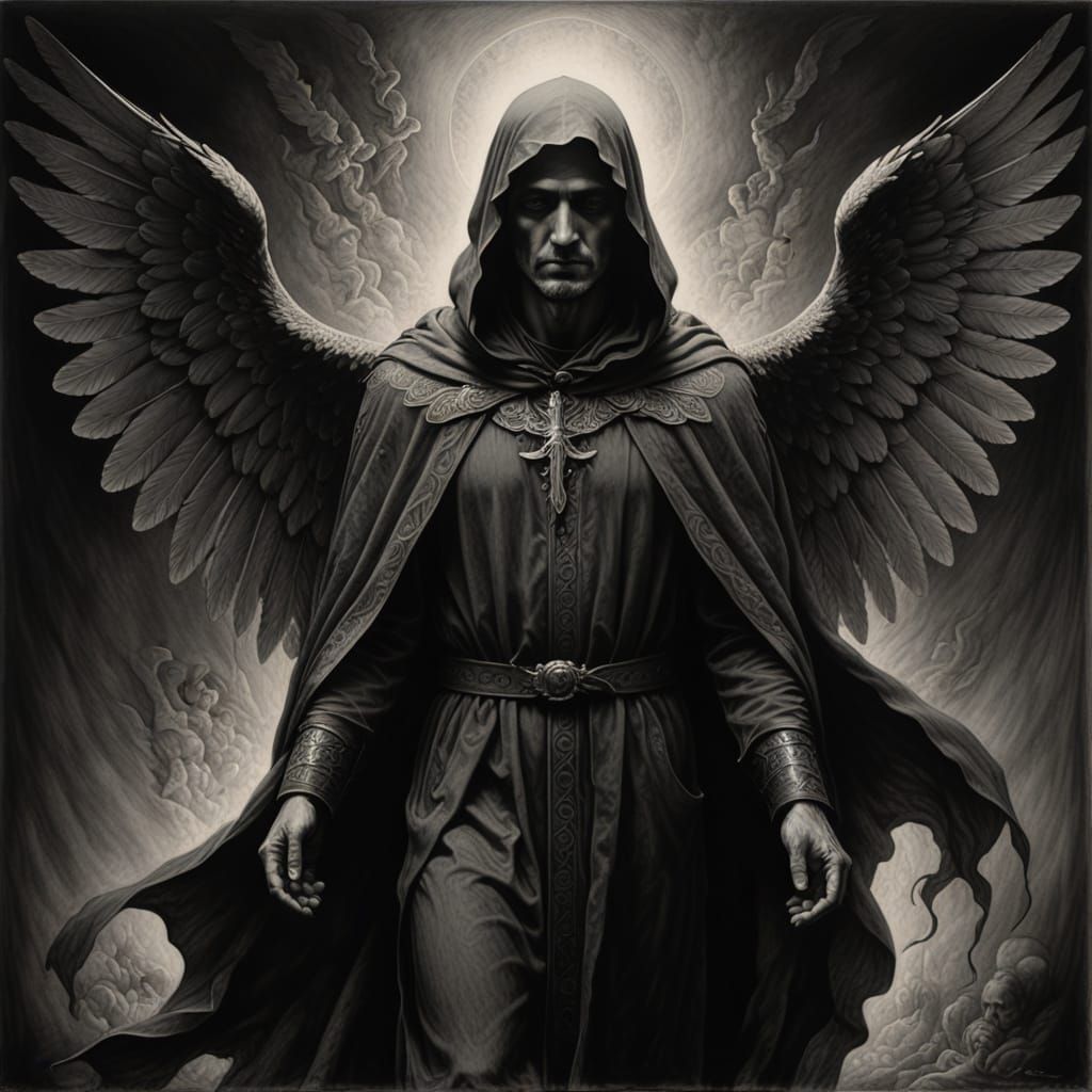 Dark Winged Guardian Guiding Souls: Charcoal Drawing