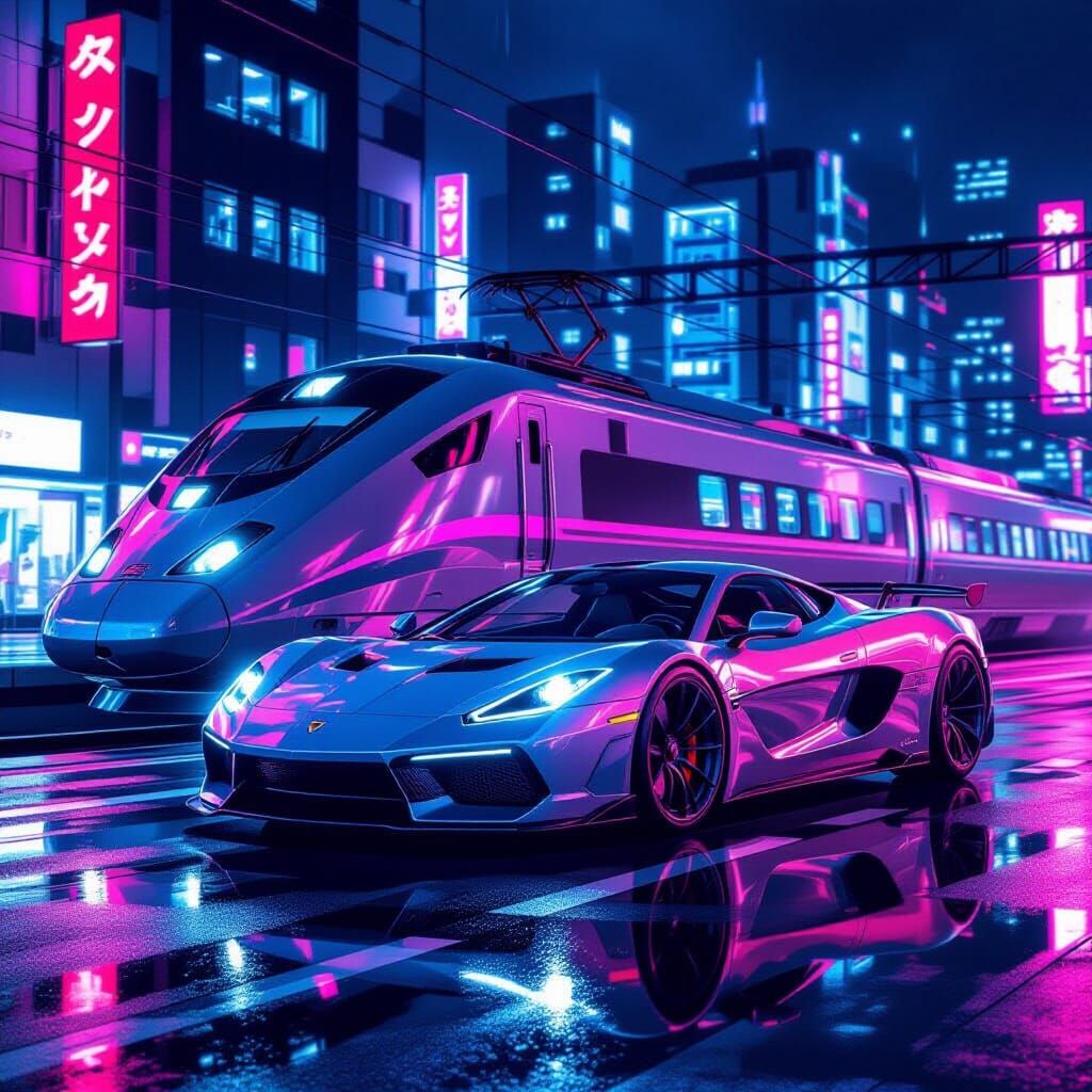 Futuristic Car and Bullet Train at Night