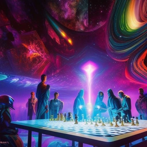 Ethereal Chess Game: Cosmic Cyberpunk Horror