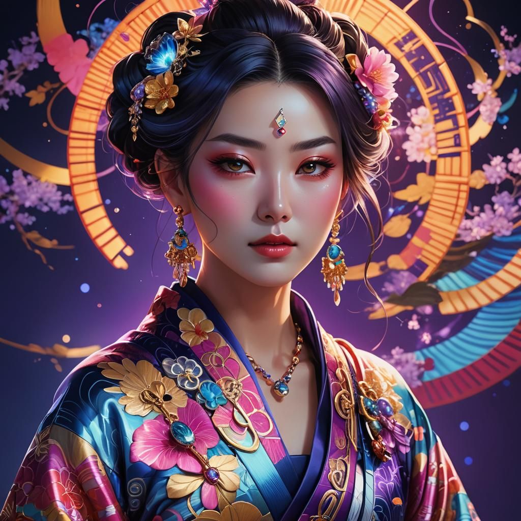 Anime Portrait: Woman in Kimono with Neon Jewelry