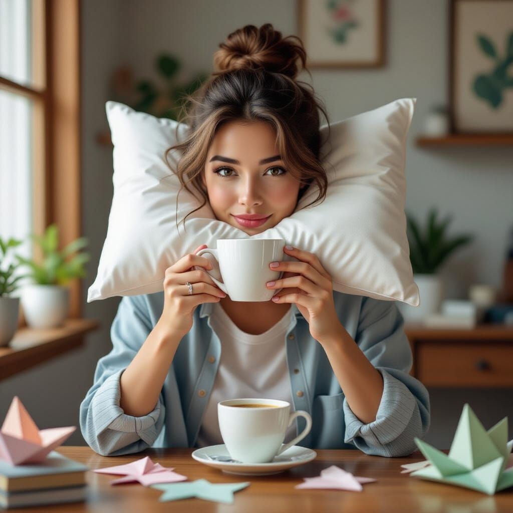 Pillow-Faced Person Drinks Coffee in Origami Papercraft Styl...