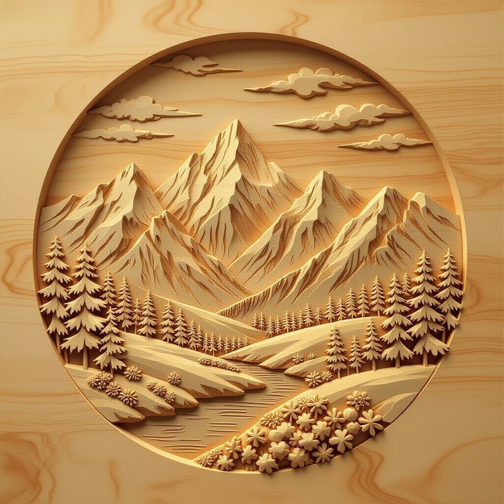 Detailed Carving of a Mountain Scenery