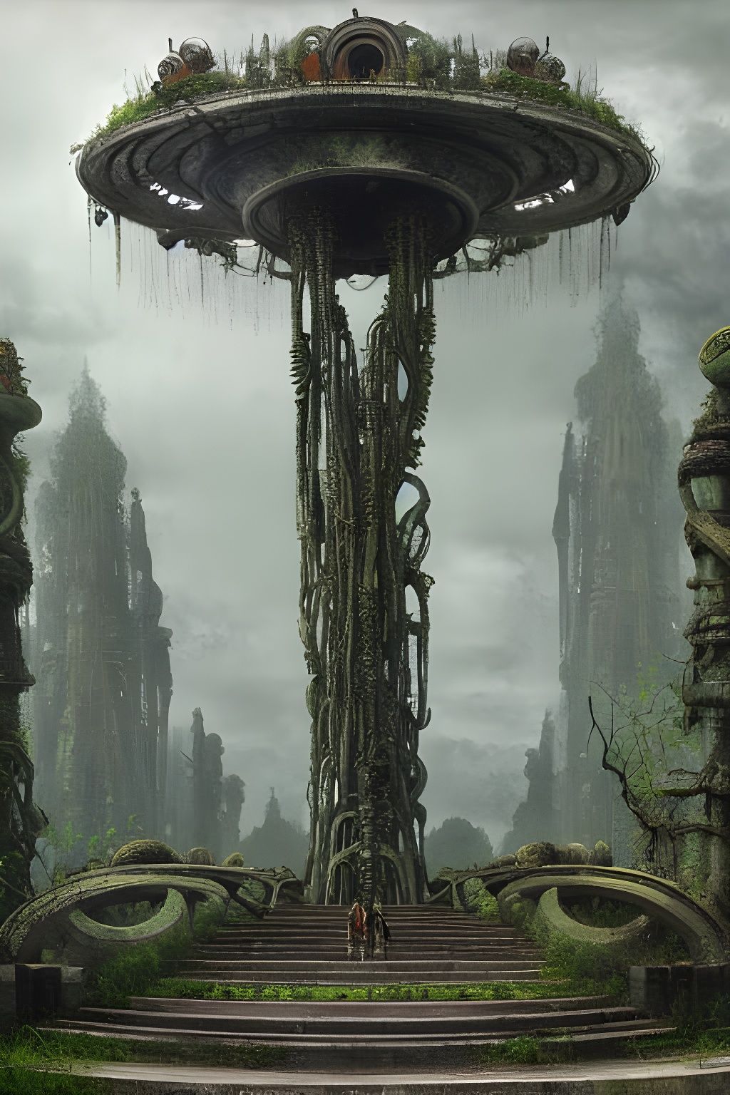 Overgrown Alien Temple: Biomechanical Horror Art