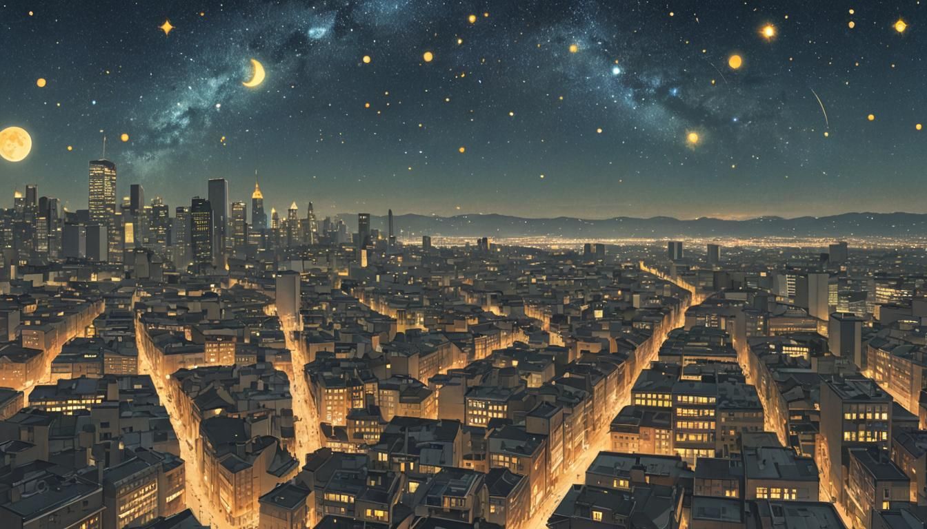 Cityscape Under Giant Stars at Night