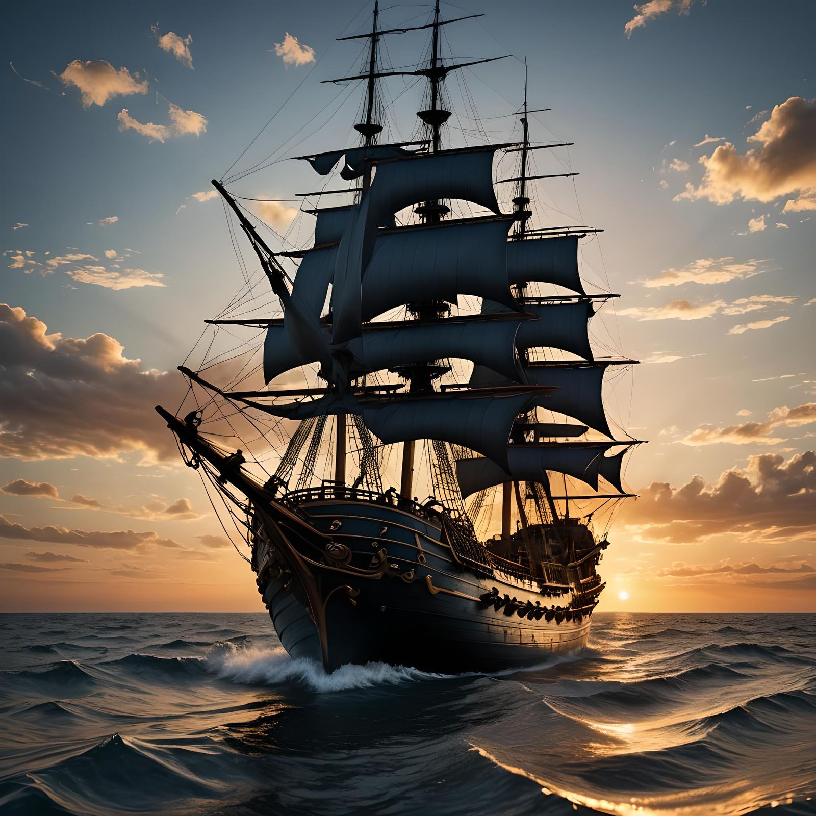 Black Pearl Ship at Sunset: Hyperrealistic Seascape