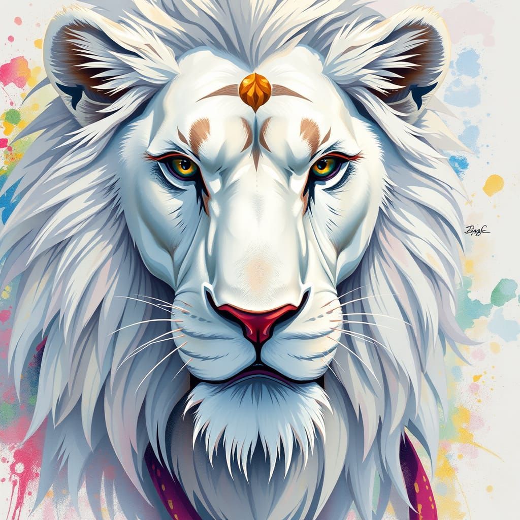 Majestic White Lion in Vibrant Anime Style