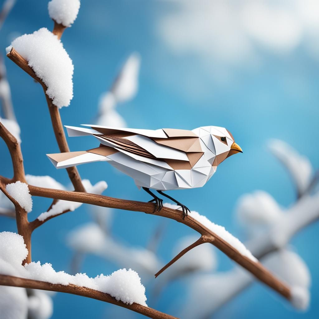Origami Snowfinch on Branch in Winter Sky