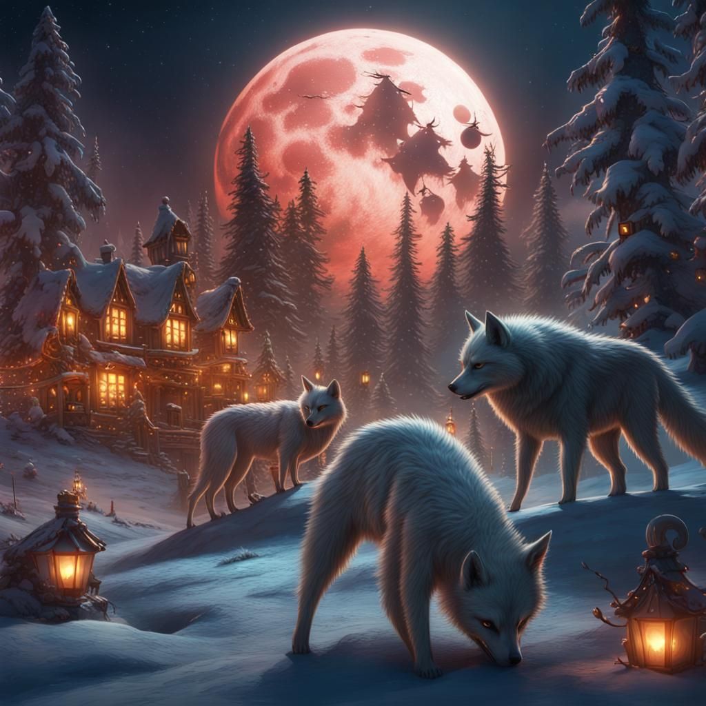 Wolves Celebrate Christmas Under the Full Moon