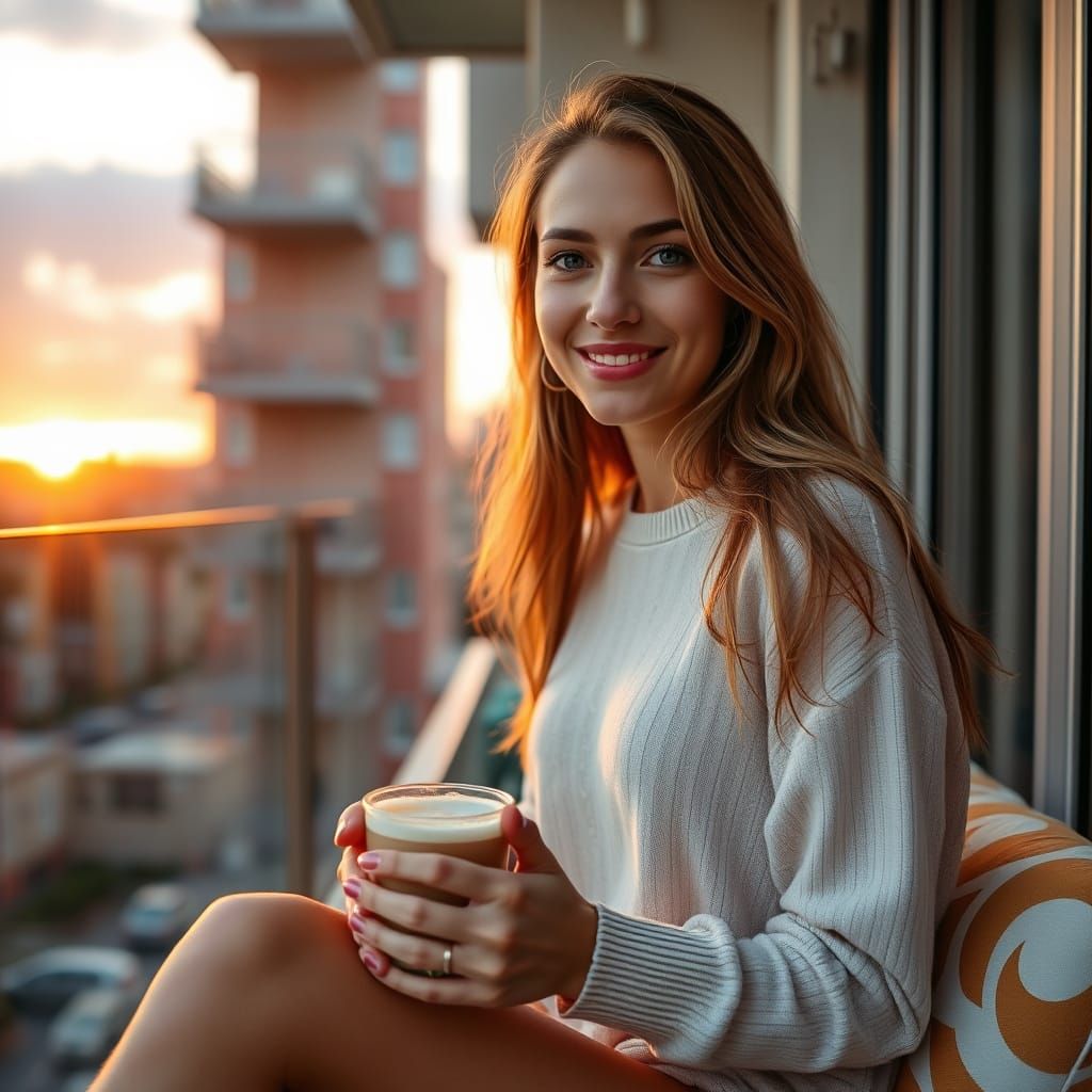 Elegant Young Woman Soaks Up Sunset on Balcony